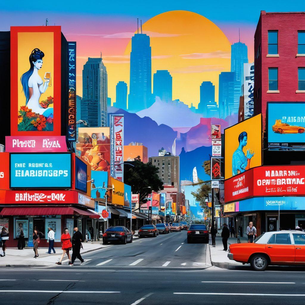 A striking juxtaposition of a vibrant urban landscape on one side representing contemporary adult entertainment, and a serene traditional setting on the other symbolizing cultural values, with diverse people engaging in open dialogue between them. Include elements like billboards, cultural symbols, and serene nature to emphasize the contrast and connection. artistic style: surrealism. colorful palette.