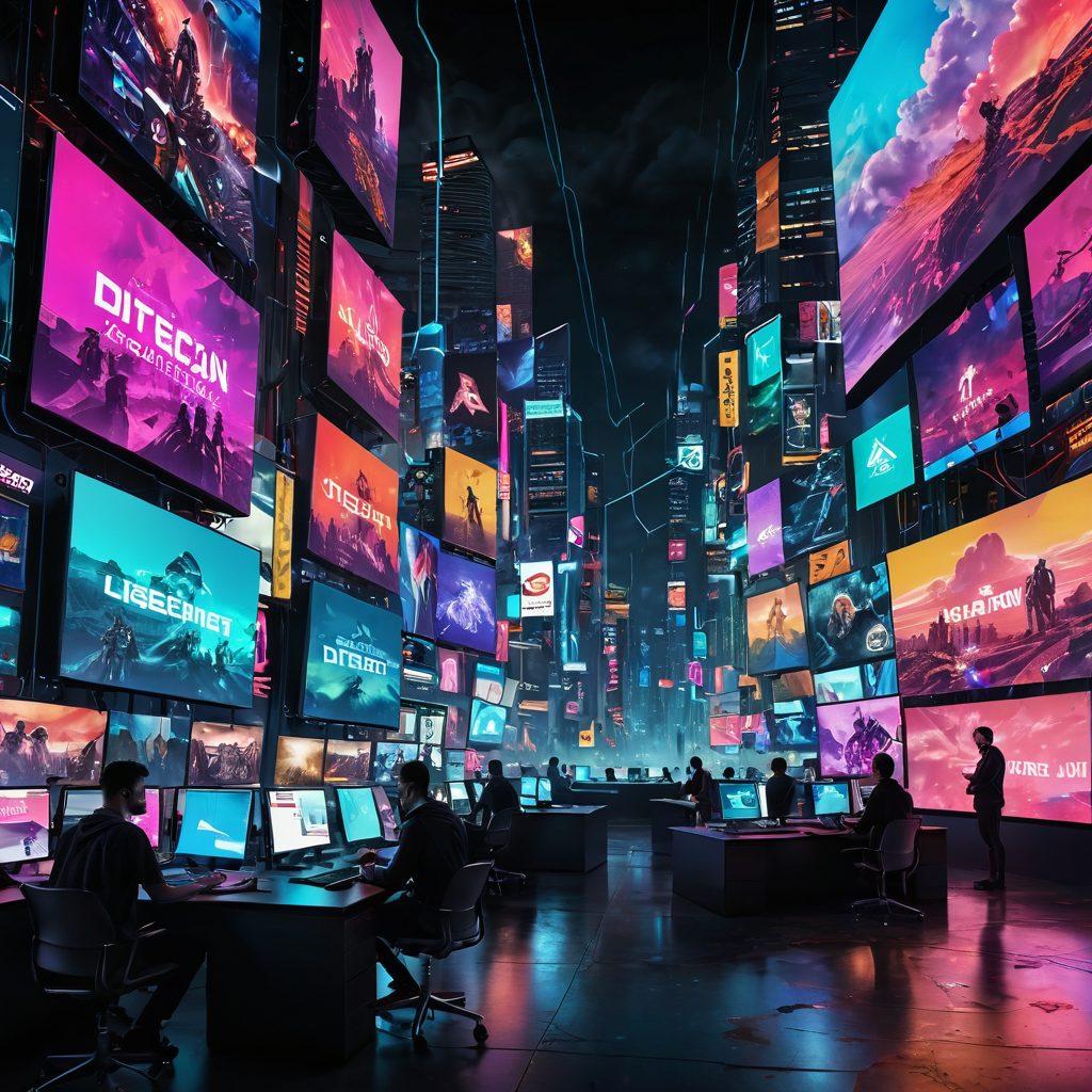 A dynamic virtual landscape featuring a diverse group of digital users engaging with explicit content across various screens, surrounded by abstract representations of ethical dilemmas and societal impacts. Incorporate elements like warning signs, digital clouds, and colorful data streams to symbolize both freedom and caution. Use a balance of vibrant and muted colors to evoke both excitement and tension. cyberpunk. super-realistic.